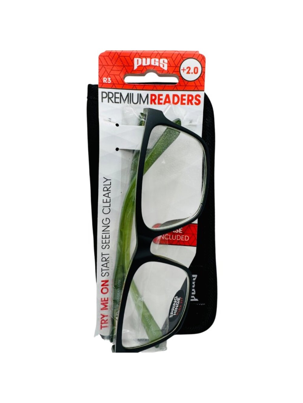 Pugs Premium Reading Glasses +2.0 Black Frame With Spring Hinge & Case Included